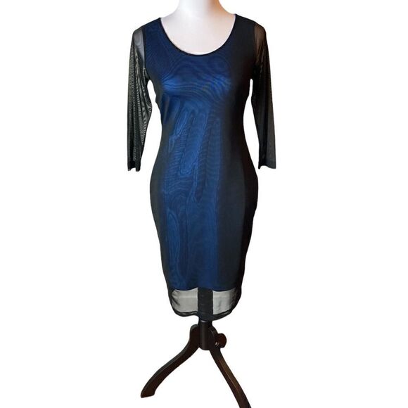 Carmen Marc Valvo Black Mesh Over Blue Lined Dress, Size S - Picture 1 of 7